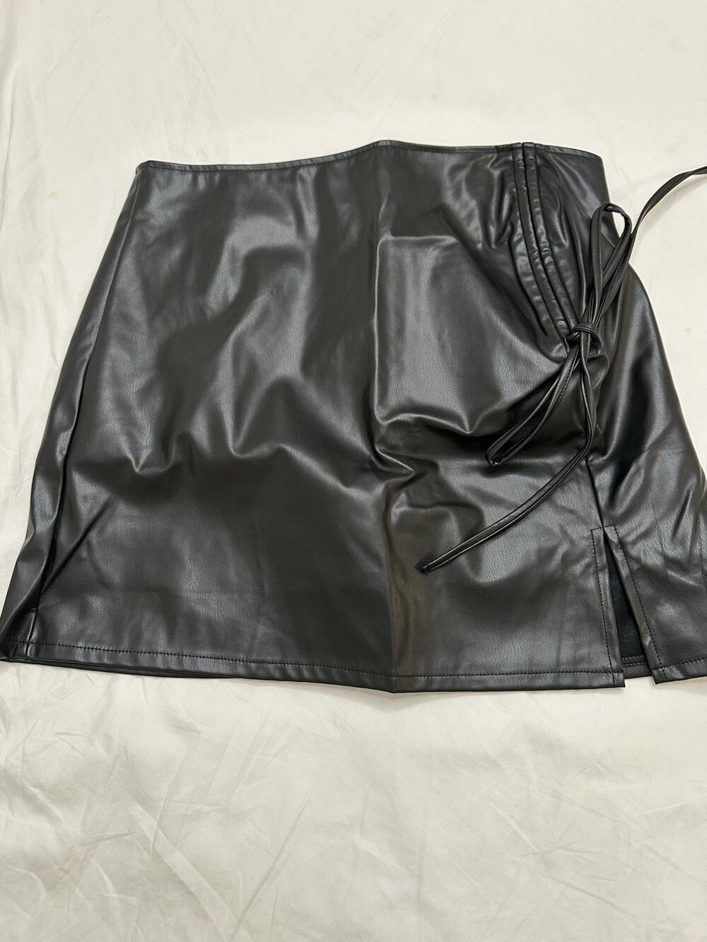 NWT Micas Black Faux Leather Wrap Mini Skirt Lace Up Side Size Large